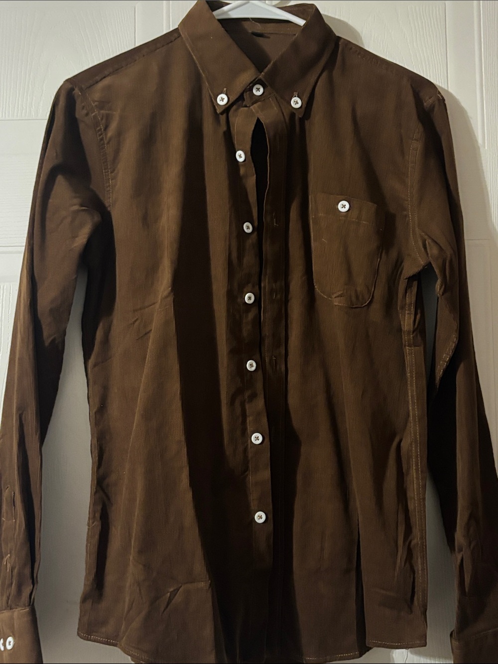 Brown Corduroy‎ Men's Button-Down Shirt with Chest Pocket